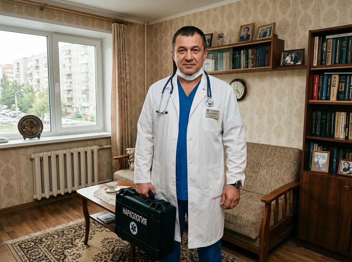 Профессиональный нарколог в белом халате с чемоданчиком для выезда к пациенту, уверенный вид, медицинское оснащение, фон — интерьер квартиры в Красноярске