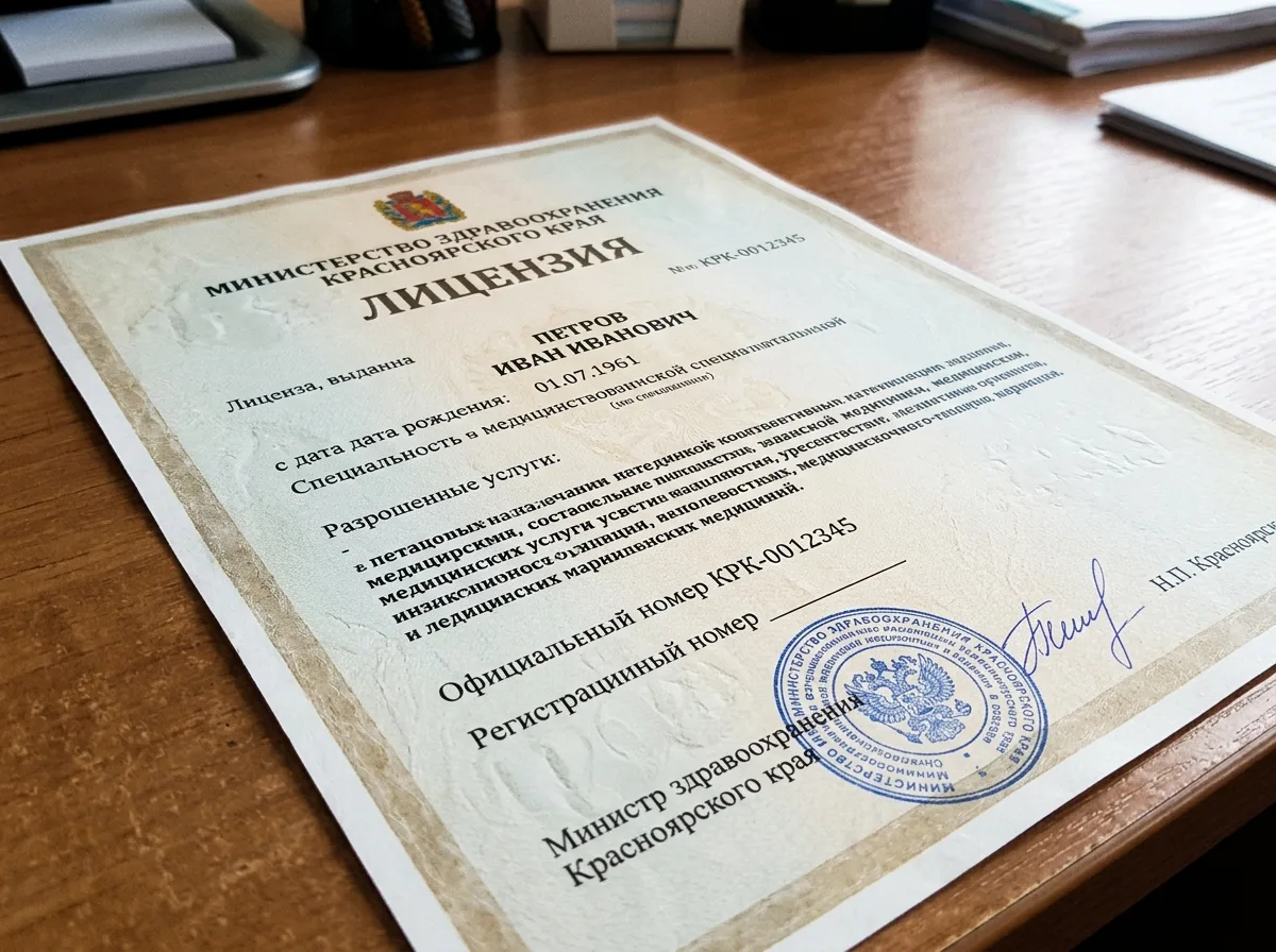 Скан медицинской лицензии на бланке Минздрава Красноярского края, официальный документ с печатью и подписью